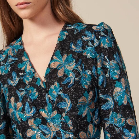 Sandro Bleen Faux-Wrap Mini Tulle Dress Embroidered Sequins EU 42, US 10-12 $445 - Picture 4 of 16